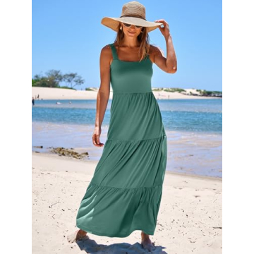 ANRABESS Women's Summer Casual Long Maxi Beach Vacation Dresses Sleeveless Square Neck Flowy Tiered Sun Dress with Pockets Grass X-Large