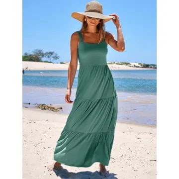 ANRABESS Women's Summer Casual Long Maxi Beach Vacation Dresses Sleeveless Square Neck Flowy Tiered Sun Dress with Pockets Grass X-Large