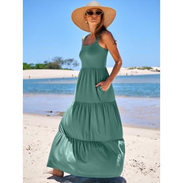 ANRABESS Women's Summer Casual Long Maxi Beach Vacation Dresses Sleeveless Square Neck Flowy Tiered Sun Dress with Pockets Grass X-Large