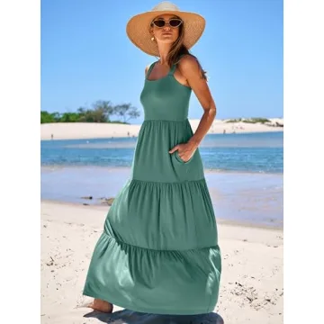 ANRABESS Women's Summer Casual Long Maxi Beach Vacation Dresses Sleeveless Square Neck Flowy Tiered Sun Dress with Pockets Grass X-Large