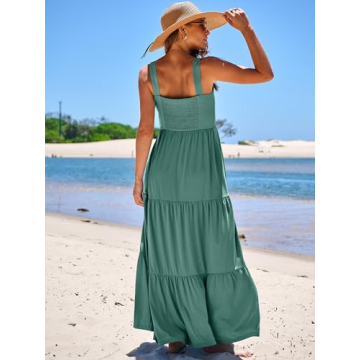 ANRABESS Women's Summer Casual Long Maxi Beach Vacation Dresses Sleeveless Square Neck Flowy Tiered Sun Dress with Pockets Grass X-Large