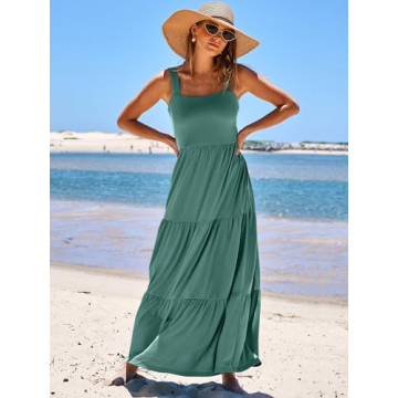 ANRABESS Women's Summer Casual Long Maxi Beach Vacation Dresses Sleeveless Square Neck Flowy Tiered Sun Dress with Pockets Grass X-Large