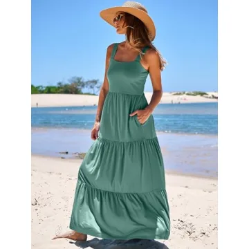 ANRABESS Women's Summer Casual Long Maxi Beach Vacation Dresses Sleeveless Square Neck Flowy Tiered Sun Dress with Pockets Grass X-Large