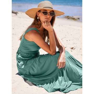 ANRABESS Women's Summer Casual Long Maxi Beach Vacation Dresses Sleeveless Square Neck Flowy Tiered Sun Dress with Pockets Grass X-Large