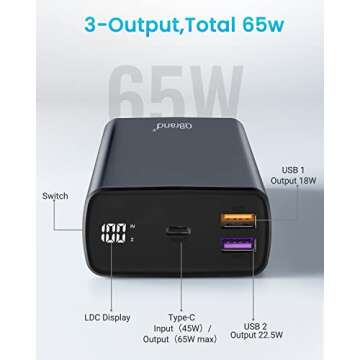 QBrand Portable Laptop Charger, 65W Laptop Power Bank 30000mAh QC 3.0 Portable Charger Power Bank Fast Charging, Dual USB C Battery Pack for MacBook, IPad, Dell, HP, Lenovo, iPhone, Samsung, Switch