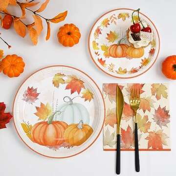 Homlouue 200 PCS Thanksgiving Paper Plates and Napkins with Watercolor Pumpkin and Maple Leaves Thanksgiving Party Supplies Disposable Dinnerware Include 50 Dinner Plates 50 Dessert Plates 100 Napkins