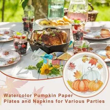 Homlouue 200 PCS Thanksgiving Paper Plates and Napkins with Watercolor Pumpkin and Maple Leaves Thanksgiving Party Supplies Disposable Dinnerware Include 50 Dinner Plates 50 Dessert Plates 100 Napkins