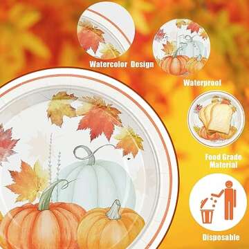 Homlouue 200 PCS Thanksgiving Paper Plates and Napkins with Watercolor Pumpkin and Maple Leaves Thanksgiving Party Supplies Disposable Dinnerware Include 50 Dinner Plates 50 Dessert Plates 100 Napkins