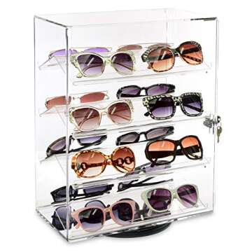 MOOCA Premium 360-Degree Rotating Acrylic Eyewear Showcase with 4 Removable Shelves and Key Lock, Acrylic Display Case, Ideal for Sunglasses, Jewelry, and Collectibles Display
