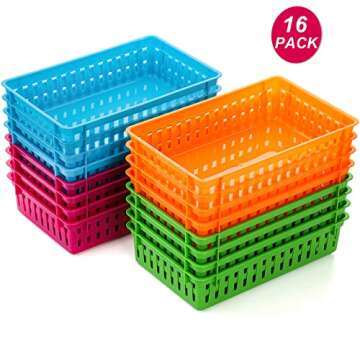 DEAYOU 16 Pack Classroom Storage Baskets Bins, Small Plastic Organizer Basket, Colorful Storage Trays, Crayon Pencil Containers for Paper, Desk, Shelf, Home School Office, 10.2" L x 6.5" W x 2.4" H