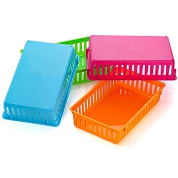 DEAYOU 16 Pack Classroom Storage Baskets Bins, Small Plastic Organizer Basket, Colorful Storage Trays, Crayon Pencil Containers for Paper, Desk, Shelf, Home School Office, 10.2" L x 6.5" W x 2.4" H