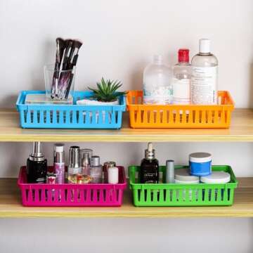 DEAYOU 16 Pack Classroom Storage Baskets Bins, Small Plastic Organizer Basket, Colorful Storage Trays, Crayon Pencil Containers for Paper, Desk, Shelf, Home School Office, 10.2" L x 6.5" W x 2.4" H