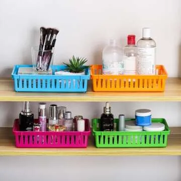 DEAYOU 16 Pack Classroom Storage Baskets Bins, Small Plastic Organizer Basket, Colorful Storage Trays, Crayon Pencil Containers for Paper, Desk, Shelf, Home School Office, 10.2" L x 6.5" W x 2.4" H