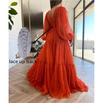 Long Puffy Sleeve Prom Dress Deep V Neck Wedding Guest Dress Ruffles Tulle Princess Gown Dusty Purpl...