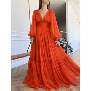 Long Puffy Sleeve Prom Dress Deep V Neck Wedding Guest Dress Ruffles Tulle Princess Gown Dusty Purple