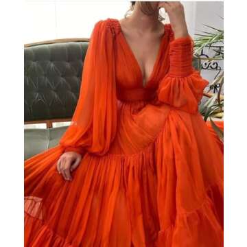 Long Puffy Sleeve Prom Dress Deep V Neck Wedding Guest Dress Ruffles Tulle Princess Gown Dusty Purple