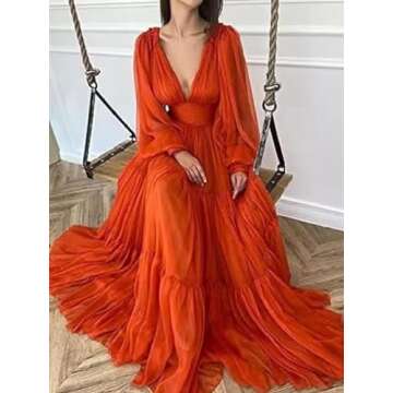 Long Puffy Sleeve Prom Dress Deep V Neck Wedding Guest Dress Ruffles Tulle Princess Gown Dusty Purple