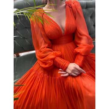 Long Puffy Sleeve Prom Dress Deep V Neck Wedding Guest Dress Ruffles Tulle Princess Gown Dusty Purple