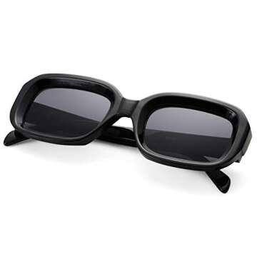 COASION Retro Rectangle Sunglasses Women and Men Vintage Small Chunky Frame Square Bevelled Sunglasses (Black/Grey)
