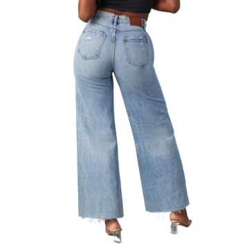 Allimy Womens High Waisted Wide Leg Ripped Jeans Light Wash Trendy Stretch Straight Ankle Capri Denim Blue Size 8