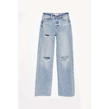 Allimy Womens High Waisted Wide Leg Ripped Jeans Light Wash Trendy Stretch Straight Ankle Capri Denim Blue Size 8