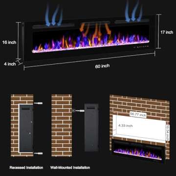 BETELNUT 60" Electric Fireplace Wall Mounted and Recessed with Remote Control, 750/1500W Ultra-Thin Wall Fireplace Heater W/Timer Adjustable Flame Color and Brightness, Log Set & Crystal Options