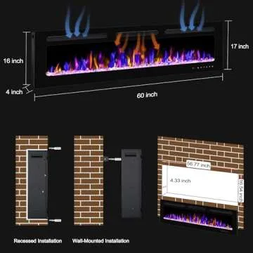 BETELNUT 60" Electric Fireplace Wall Mounted and Recessed with Remote Control, 750/1500W Ultra-Thin Wall Fireplace Heater W/Timer Adjustable Flame Color and Brightness, Log Set & Crystal Options