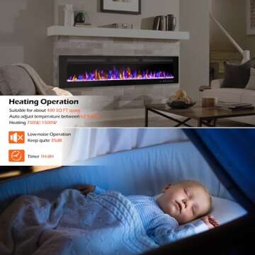 BETELNUT 60" Electric Fireplace Wall Mounted and Recessed with Remote Control, 750/1500W Ultra-Thin Wall Fireplace Heater W/Timer Adjustable Flame Color and Brightness, Log Set & Crystal Options