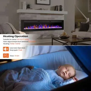 BETELNUT 60" Electric Fireplace Wall Mounted and Recessed with Remote Control, 750/1500W Ultra-Thin Wall Fireplace Heater W/Timer Adjustable Flame Color and Brightness, Log Set & Crystal Options