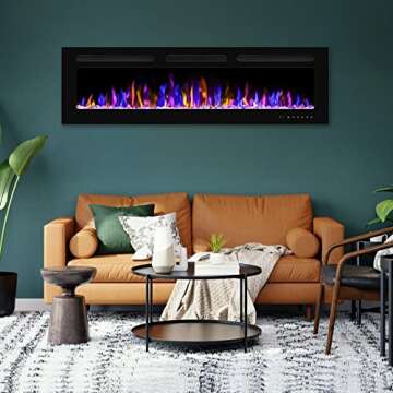 BETELNUT 60" Electric Fireplace Wall Mounted and Recessed with Remote Control, 750/1500W Ultra-Thin Wall Fireplace Heater W/Timer Adjustable Flame Color and Brightness, Log Set & Crystal Options