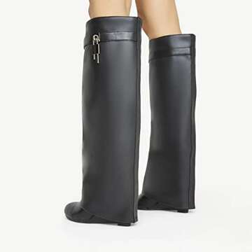 Yishaweiqi Fold Over Boots Wide-calf Wedge Heel Knee High Boot With Decorative Lock