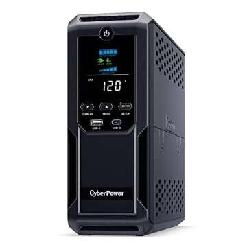 CyberPower CP1350AVRLCD3 Intelligent LCD UPS System, 1350VA/815W, 12 Outlets, 2 USB Ports, AVR, Mini Tower, Black