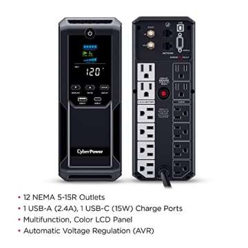 CyberPower CP1350AVRLCD3 Intelligent LCD UPS System, 1350VA/815W, 12 Outlets, 2 USB Ports, AVR, Mini Tower, Black