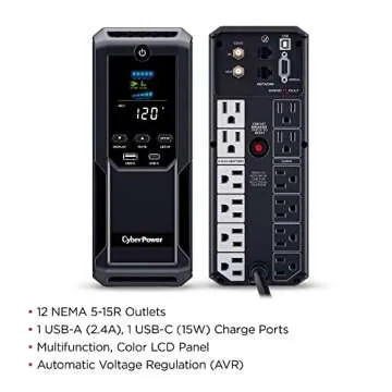 CyberPower CP1350AVRLCD3 Intelligent LCD UPS System, 1350VA/815W, 12 Outlets, 2 USB Ports, AVR, Mini Tower, Black