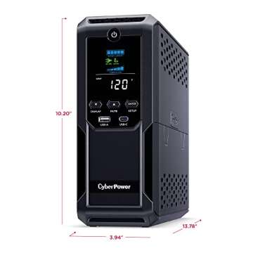 CyberPower CP1350AVRLCD3 Intelligent LCD UPS System, 1350VA/815W, 12 Outlets, 2 USB Ports, AVR, Mini Tower, Black