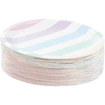BLUE PANDA 80-Count Disposable Paper Plates, Multi-Colored Pastel Stripes Design, 9 Inches