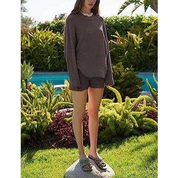 Peaceglad Women's Casual 2 Piece Sweater Outfits Long Sleeve Pullover Rib Knit Tops and Bike Shorts Trendy Sets(Coffee,S)