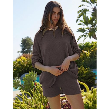 Peaceglad Women's Casual 2 Piece Sweater Outfits Long Sleeve Pullover Rib Knit Tops and Bike Shorts Trendy Sets(Coffee,S)