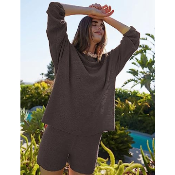 Peaceglad Women's Casual 2 Piece Sweater Outfits Long Sleeve Pullover Rib Knit Tops and Bike Shorts Trendy Sets(Coffee,S)