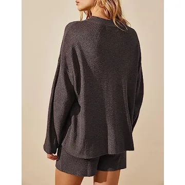 Peaceglad Women's Casual 2 Piece Sweater Outfits Long Sleeve Pullover Rib Knit Tops and Bike Shorts Trendy Sets(Coffee,S)