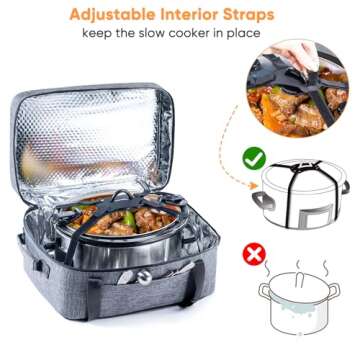 BAGSPRITE Double-Layer Slow Cooker Carrying Bag for 6-8 Quart CrockPot and Hamlton Beach Slow Cooker, Travel Bag with Lid Fastener for Crock-pot, Portable Carrier Case Slow Cooker Bag