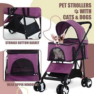 Dog Stroller 3-in-1 Folding Dog Stroller for Medium Small Dogs Pet Stroller Cat Stroller 4 Wheels with Detachable Carrier Storage Basket Waterproof Lightweight for Travel,Purple