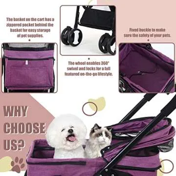 Dog Stroller 3-in-1 Folding Dog Stroller for Medium Small Dogs Pet Stroller Cat Stroller 4 Wheels with Detachable Carrier Storage Basket Waterproof Lightweight for Travel,Purple