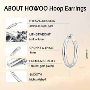 Howoo Small Silver Hoop Earrings for Women Chunky Thick Lightweight Hypoallergenic Statement Fashion Earrings