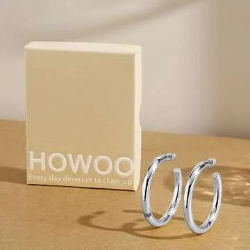 Howoo Small Silver Hoop Earrings for Women Chunky Thick Lightweight Hypoallergenic Statement Fashion Earrings