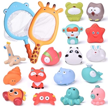 FUN LITTLE TOYS 18PCS Baby Bath Toys with Soft Cute Ocean Animals Bath Squirters and Fishing Net, Wa...