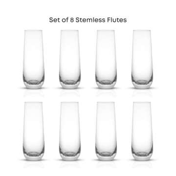 JoyJolt Milo Stemless Champagne Flutes Set of 8 Crystal Glasses. 9.4oz Prosecco Wine Flute, Mimosa Glasses Set, Cocktail Glass Set, Water Highball Glass, Bar Glassware