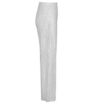 Aelidiya Women's Glitter Sequin Long Loose Pants Bling Party Clubwear Elastic Casual Pants White
