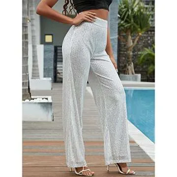 Aelidiya Women's Glitter Sequin Long Loose Pants Bling Party Clubwear Elastic Casual Pants White