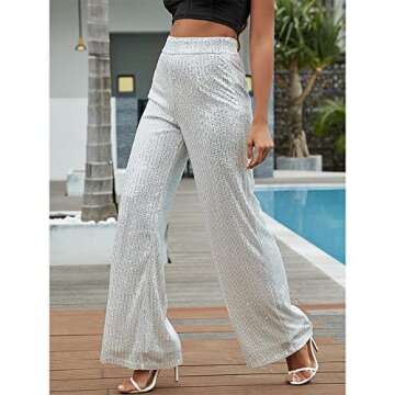 Aelidiya Women's Glitter Sequin Long Loose Pants Bling Party Clubwear Elastic Casual Pants White